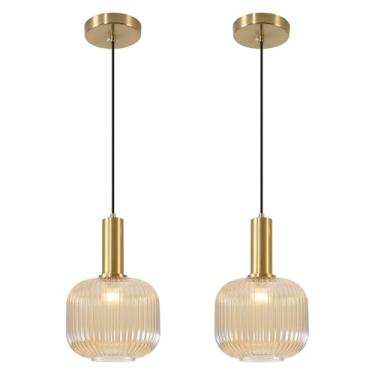 Imagem de BOKT Pacote com 2 luzes pendentes de vidro modernas bola âmbar aberta pingente de teto cordão ajustável luzes penduradas conjunto de duas luzes para cozinha, ilha, entrada, sala de jantar