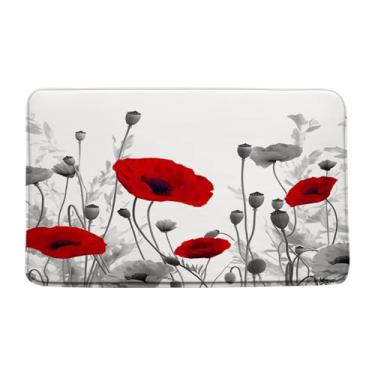 Imagem de AYDSMYD Tapete de banho floral vermelho cinza elegante preto branco retrô papoula flor abstrata folhas de planta cinza banheiro banheira tapetes de chão capacho decoração de vaso sanitário, 45,7 x