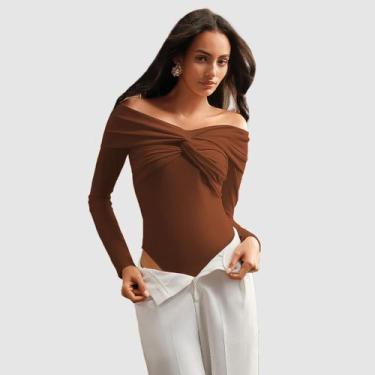 Imagem de Body Feminino Bojo Decote Trançado Manga Longa Ciganinha - Swisz, Marr