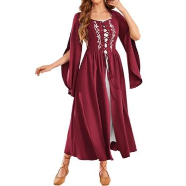Imagem de Scarlet Darkness Vestido feminino renascentista, medieval, vestido maxi de manga comprida com bolsos