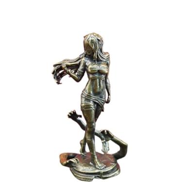 Imagem de Latão postura em pé biquíni beleza miniatura feminina estátua, metal cabelo longo menina escultura estatuetas arte corporal desktop pesos de papel ornamentos decoração de carro