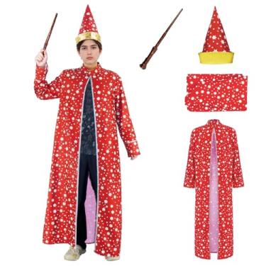 Imagem de EDAUWAE Fantasia de feiticeiro para adultos, capa de feiticeiro, estrelas, capa de mágico, chapéu de feiticeiro, capa de varinha mágica, fantasia de Halloween G