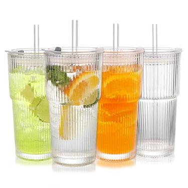 Imagem de WeirdUncle Conjunto de 4 copos de vidro com nervuras com tampas e canudos, copos de vidro transparente vintage de 590 ml, grande capacidade, inquebrável, design canelado, ideal para água, café gelado