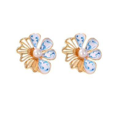 Imagem de Lindo brinco de laço, lágrima, pérola, flor, floral, brincos de porcelana azul e branco para mulheres, joias modernas, presentes, Zinco, Sem pedra preciosa