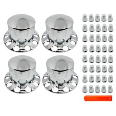 Imagem de KRGUOD Kit de capas de roda de eixo traseiro Semi Truck 4 com tampas de porca rosqueada de 32/33 mm, tampas removíveis de 10 furos, plástico ABS cromado (ferramenta de instalação incluída).