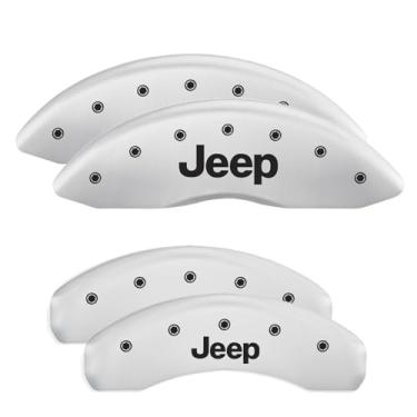 Imagem de Capas de pinça de freio MGP compatíveis com Jeep Grand Cherokee 2011-21, WK 2022 (requer rodas de 43.2 cm) acabamento revestido a pó branco, logotipo Jeep gravado, capas de pinça dianteira e traseira