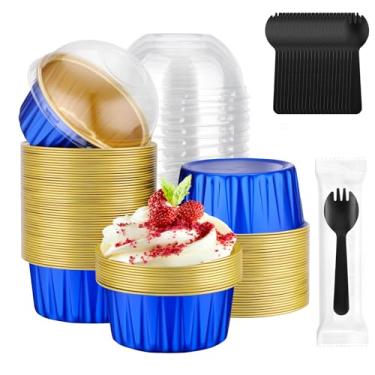 Imagem de EUSOAR Ramequins descartáveis com colheres embrulhadas individualmente, 60 peças de mini formas de bolo de 142 g com tampas e garfos de plástico, folhas creme brulee ramekins muffin forros de cupcake