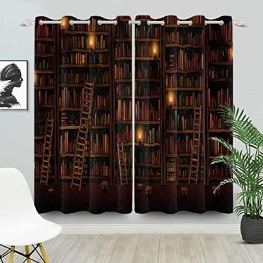 Imagem de Leyiyi Cortinas vintage para biblioteca, aprendizagem, educação, estudo, estante de madeira antiga, tratamentos de janela para sala de estar, quarto, sala de aula, decoração com ilhós, cortinas de