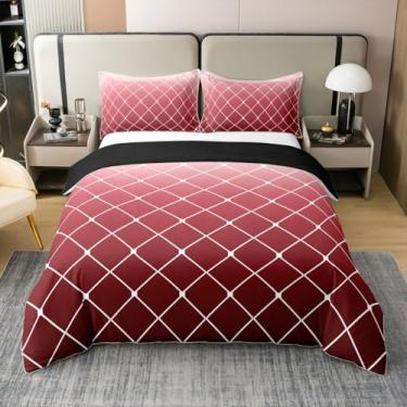 Imagem de Erosebridal 100% algodão, bordô, capa de edredom solteiro para adolescentes e adultos, vermelho e branco, ombré, geométrico, para minimalistas, moderno, estética, jogo de cama xadrez, contemporâneo