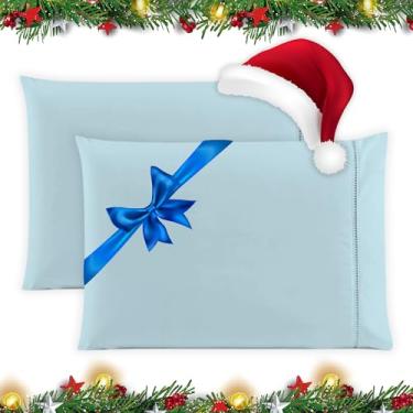 Imagem de Fronha Avulsa Percal 600 Fios Algodão Ponto Palito 70x50cm Antiácaro, Anti-pilling Toque Macio (Azul)