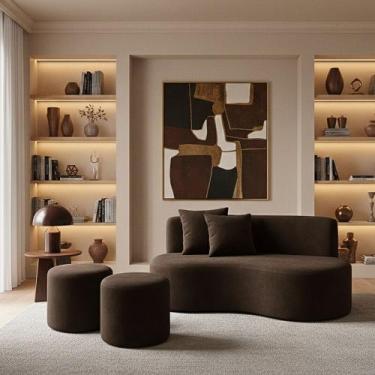 Imagem de Conjunto Sofá Curvo Orgânico + 2Puffs Nature Gaia Suede Marrom - Monta