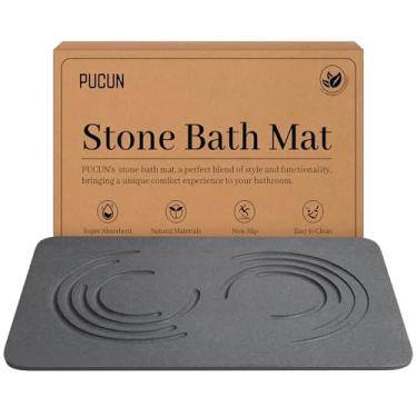 Imagem de PUCUN Tapete de banho de pedra de terra de diatomáceas, tapete de pedra de banho de diatomita de secagem rápida para piso de banheiro - super absorvente, natural, fácil de limpar (24 x 16 cinza)