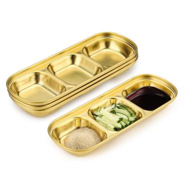 Imagem de Sekonow Prato de molho de soja de aço inoxidável, tigelas de metal com 3 grades, pequenos copos de molho para acompanhamentos, molho de aperitivo, preparação de ingredientes, charcutaria, bandeja de
