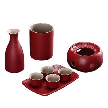 Imagem de JOEUQK Conjunto de saquê, 8 peças, copo de saquê e garrafa de saquê de cerâmica, conjunto de copos de saquê, conjunto de saquê para servir saquê quente, vermelho
