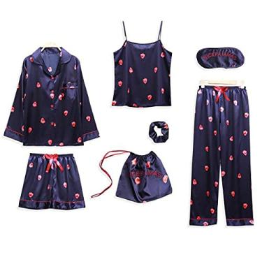 Imagem de ifgswopq 7 peças de pijama de cetim para casa roupa feminina casual roupa de dormir roupa de dormir roupa de dormir roupa de dormir roupa de dormir (2X)