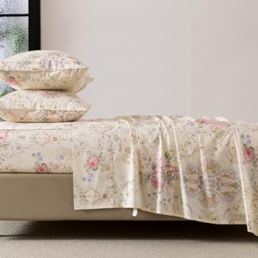 Imagem de FADFAY Jogo de lençol solteiro 100% algodão, rosa, floral, 4 peças, macio, respirável, com bolso alto, lençol de cima e fronhas, roupa de cama romântica vintage para todas as estações