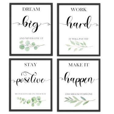 Imagem de 4 peças de arte de parede botânica inspiradora para escritório, folhas de eucalipto, citações motivacionais, pintura de imagem, decoração de parede para quarto, sala de estar, escritório, sala de aula