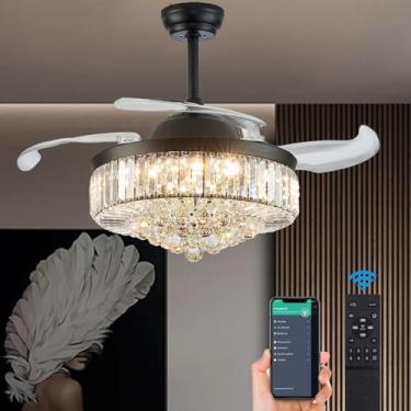Imagem de DuMaiWay Lustre de ventilador de teto de cristal regulável de 122 cm com controle remoto de 6 velocidades, ventiladores retráteis de 4 lâminas para quarto, sala de estar, sala de jantar, preto