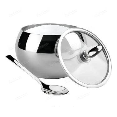 Imagem de Açucareiro Em Aço Inox Com Tampa De Vidro E Colher Qualidade