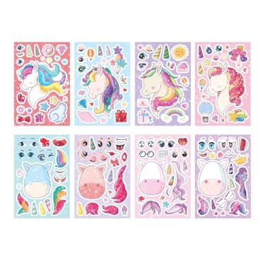 Imagem de 8 peças de adesivos de unicórnio fofo Make A Face, adesivos de vinil para lembrancinhas de festa, arte, artesanato, jogos, prêmios de atividade escolar, adesivos à prova d'água para meninas, meninos