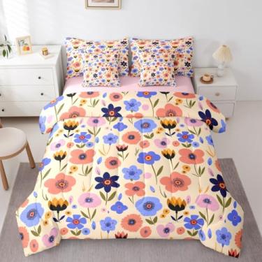 Imagem de Feelyou Conjunto de edredom infantil com flores coloridas, tamanho solteiro, jardim, floral, 7 peças, para decoração de quarto de meninos e meninas, cama de flor botânica, respirável, macio e leve de