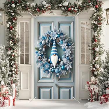 Imagem de BlissYard Capa de porta de gnomo de Natal, 99 x 188 cm, faixa azul de floco de neve, decoração de férias, guirlanda de inverno, enfeite de parede, decoração festiva de varanda para entrada interna e