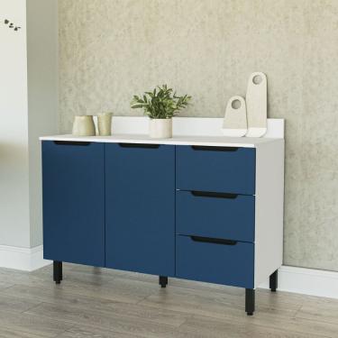 Imagem de Balcão de Cozinha 120 cm 2 Portas 3 Gavetas Com Tampo Meena Branco Azul Politorno Móveis