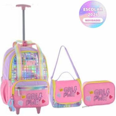 Imagem de Kit Mochila de Carrinho Holográfica Girl Power Escolar Juvenil Feminin