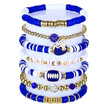 Imagem de JSLOVFLO Pulseiras de Dia de Jogo de Futebol para Mulheres Pulseiras de Futebol Vermelho Preto Azul Heishi Argila Contas Pulseiras Elásticas Empilháveis Pulseiras Esportivas Pulseiras Futebol Mãe