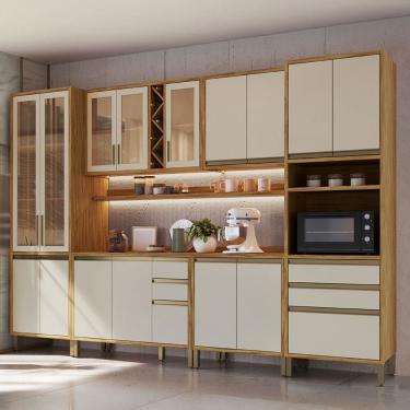 Imagem de Armário de Cozinha com Balcão e Tampo 16 Portas 5 Gavetas Pérola 100% Mdf Vidro Reflecta Amêndoa/Off White - Pnr Móveis