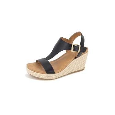 Imagem de Kenneth Cole REACTION Sandália anabela feminina Card T-Strap, Preto, 9