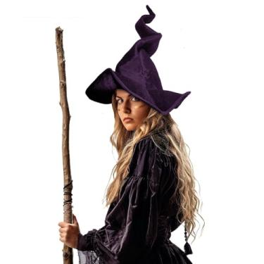 Imagem de Heyigrow Chapéu de bruxa malvada para mulheres, chapéu de veludo sombrero preto grande, acessórios de cosplay de Natal para baile de máscaras, Roxa, tamanho �nico