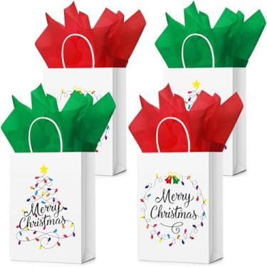 Imagem de Feifeiya 24 sacos médios de presente de Natal com papel de seda 20 x 14 x 8 cm, sacos de presente de papel kraft com alça a granel para embrulho de presente de Natal, suprimentos para festas de fim de