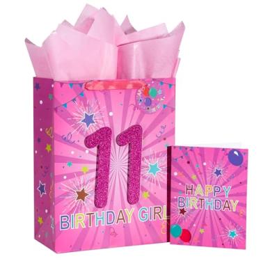 Imagem de Loveinside Bolsa de presente rosa de aniversário com papel de seda, etiqueta de presente e cartão comemorativo para aniversário de 11 anos, festa, chá de bebê e mais - 25,4 cm x 12,7 cm x 33 cm, 1