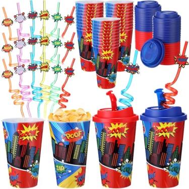 Imagem de Yungyan 16 conjuntos de copos de lembrancinhas de festa de heróis com tampas e canudos para decorações de aniversário, reutilizáveis, copos de plástico para doces de 473 ml, canudos de plástico para