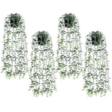 Imagem de VZZNN Planta falsa pendurada com vaso, pacote com 4 plantas falsas, vinhas falsas de 61 cm, sem manutenção, eucalipto, planta falsa para decoração de casa, parede, quarto, decoração de varanda e pátio