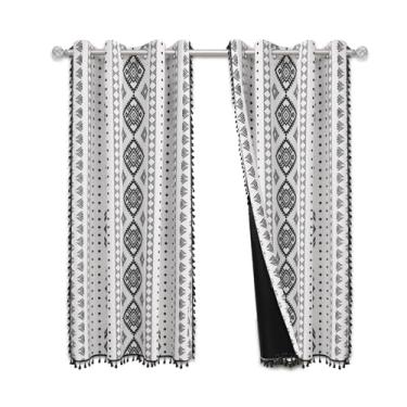 Imagem de Fillarrie Cortinas blackout 100% completas, cortinas de veludo, cortinas de impressão preta geométrica boêmia, ilhós, blackout completo e isolamento térmico, comprimento 73, 2 painéis, branco