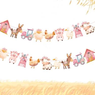 Imagem de 2 peças de banner de animais de fazenda, faixa de animais de celeiro para meninos meninas tema fazenda chá de bebê e suprimentos de festa de aniversário (rosa)