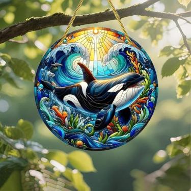 Imagem de Acrílico colorido Suncatcher, Orca Swims Vitral Oceano 18 cm Janela Pendurada Decoração de Parede com Design de Estilo Vitral Impresso, Ideia de Presente e Ornamento de Jardim Uso Interior e Exterior