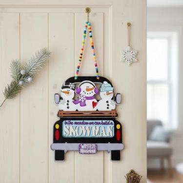 Imagem de Geelin Placa de madeira de boneco de neve de inverno para pendurar na porta da frente, placa de caminhão 3D, colorida, fazenda, sazonal, para casa, interior, exterior, parede, janela, decoração de