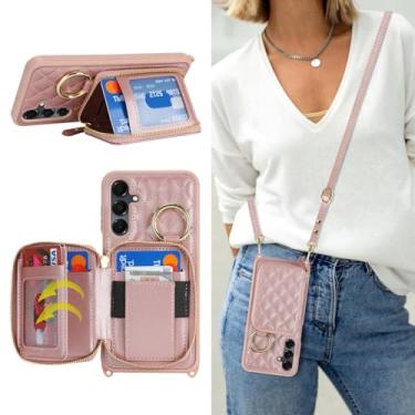 Imagem de Hamany Capa tipo carteira transversal para Galaxy A15, bolsa de mão de couro PU com zíper, capa flip com suporte para cartões, alça de pulso - ouro rosa