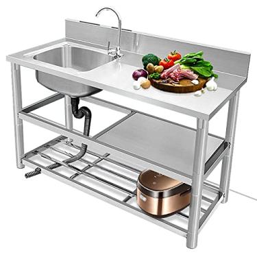 Imagem de Pia para estação de trabalho de aço inoxidável, pia de cozinha comercial autônoma, lavatório utilitário com bancada de trabalho e prateleiras de armazenamento (120 x 50 x 80 cm/47,2 x 19,6 x 12,4