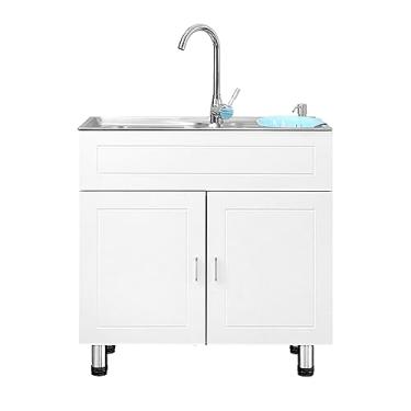 Imagem de TRGCJGH Conjunto de toucador de banheiro com 2 portas de fechamento macio, armário de banheiro moderno com pia, conjunto de pias de aço inoxidável (81 x 43 cm, branco)