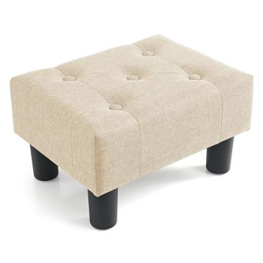 Imagem de Poofzy Banqueta para os pés pequena, otomana de linho com pernas, descanso de pé retangular para sofá, apoio para pés e pufes pequeno para sala de estar e entrada (bege)
