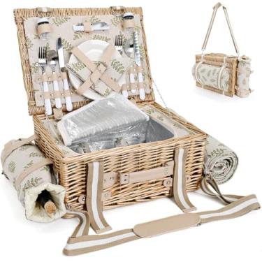 Imagem de Cesta de piquenique para 2 peças com forro isolado e cobertor impermeável para piquenique, bolsa de vinho, grande cesto de vime para acampamento, ao ar livre, dia dos namorados para casais, folha
