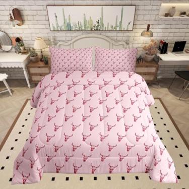 Imagem de Conjunto de edredom com estampa tribal boho, touro, caveira, sonhador, conto de fadas, princesa, para decoração de quarto de crianças, meninas, meninos, moderno, edredom rosa, 3 peças com 2 fronhas