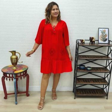 Imagem de Vestido Curto Indiano Manga Curta com Bordados Plus Size - Sarat Moda 