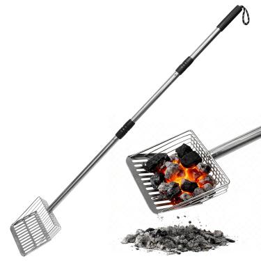Imagem de Pá de peneira de cinzas para lareira fogareira, fogão a lenha, cabo longo de 109 cm, peneira de carvão ajustável, ferramentas de lareira resistentes ao calor para facilitar a peneiração, alça