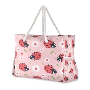 Imagem de Wassud Bolsa de praia vermelha joaninhas grandes bolsas de praia para mulheres, à prova d'água, à prova de areia, bolsa de viagem com zíper e bolso para piscina, academia, acampamento