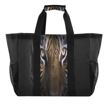 Imagem de Wassud Bolsa de compras reutilizável com cabeça de tigre preta grande bolsa organizadora de lona impermeável para praia, piquenique, lavanderia, viagem